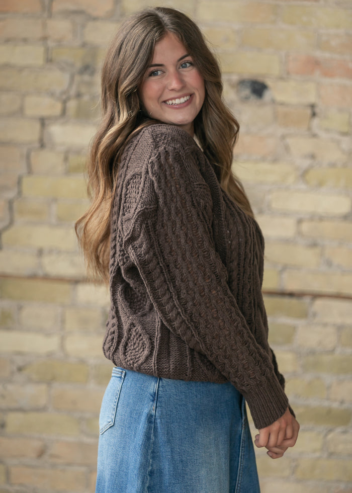 Chocolate Brown Cable Knit Sweater FF Tops