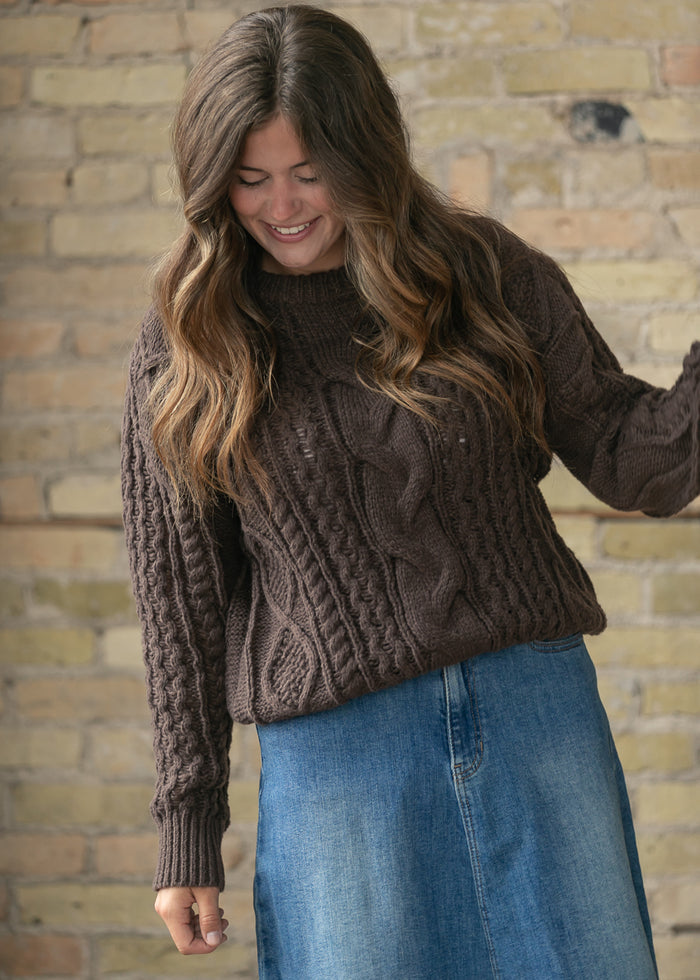 Chocolate Brown Cable Knit Sweater FF Tops