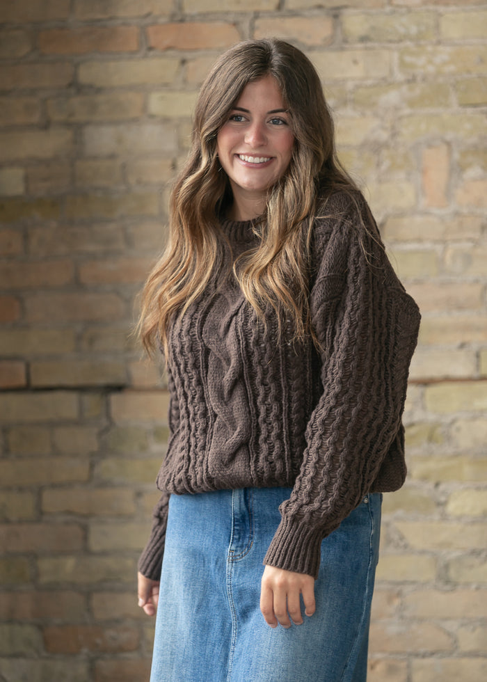 Chocolate Brown Cable Knit Sweater FF Tops