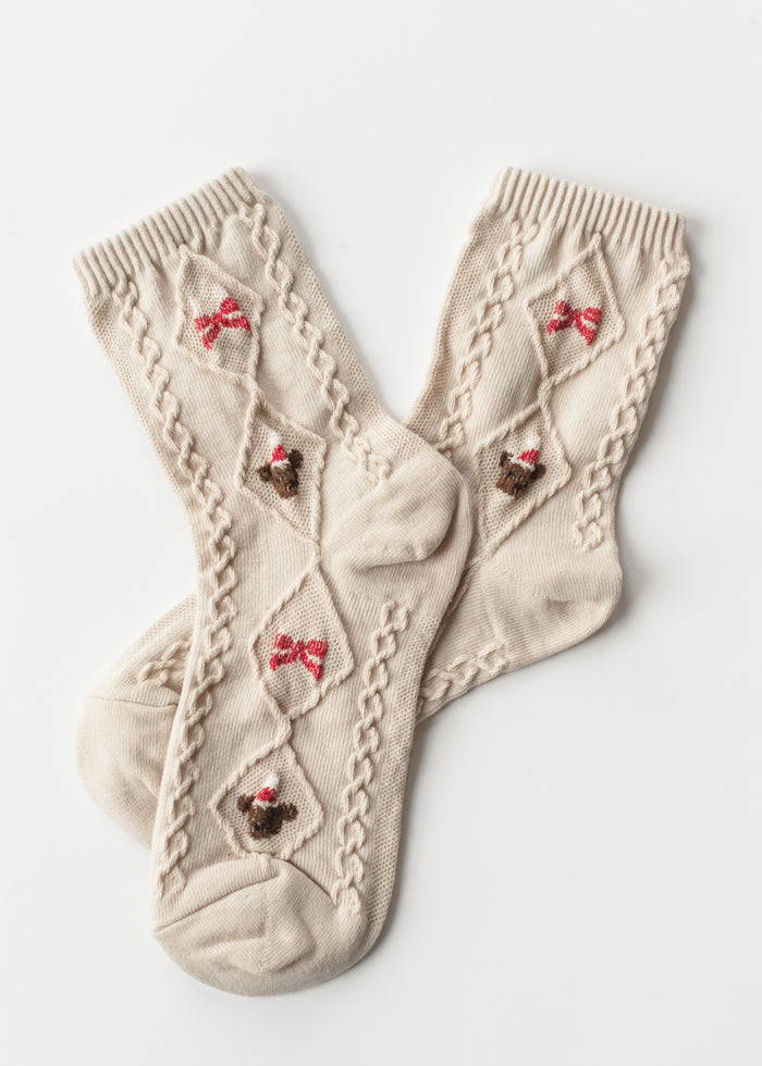 Christmas Teddy Bear Crew Sock Accessory Ivory