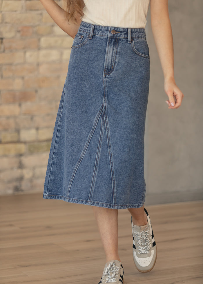 Claire Medium Wash Midi Denim Skirt IC Skirts