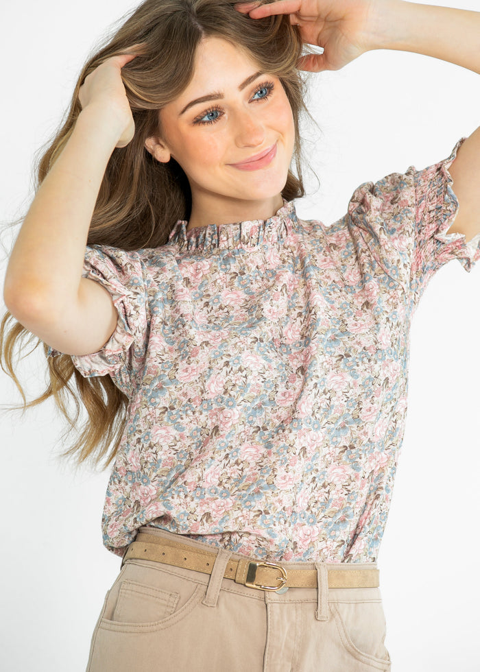 Clara Floral Ruffle Mockneck Short Sleeve Top IC Tops