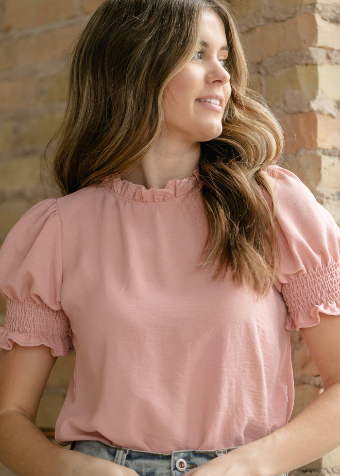 Clara Ruffle Mockneck Short Sleeve Top IC Tops