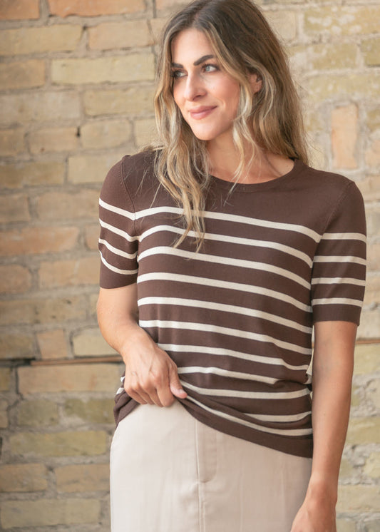 Classic Brown Striped Short Sleeve Top FF Tops