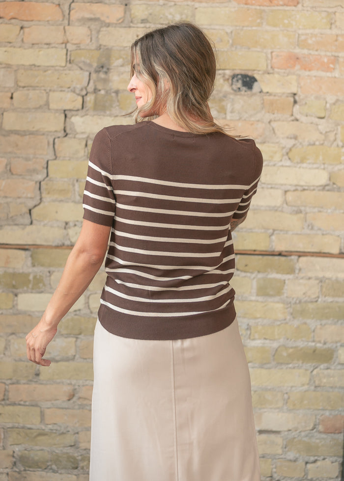 Classic Brown Striped Short Sleeve Top FF Tops