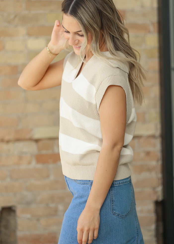 Collared Wide Stripe Knit Vest FF Tops