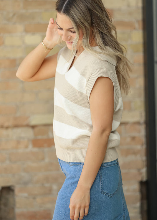 Collared Wide Stripe Knit Vest FF Tops