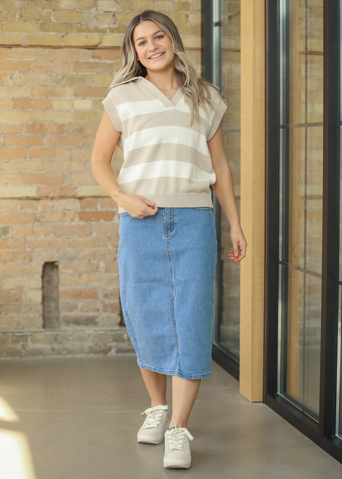 Collared Wide Stripe Knit Vest FF Tops
