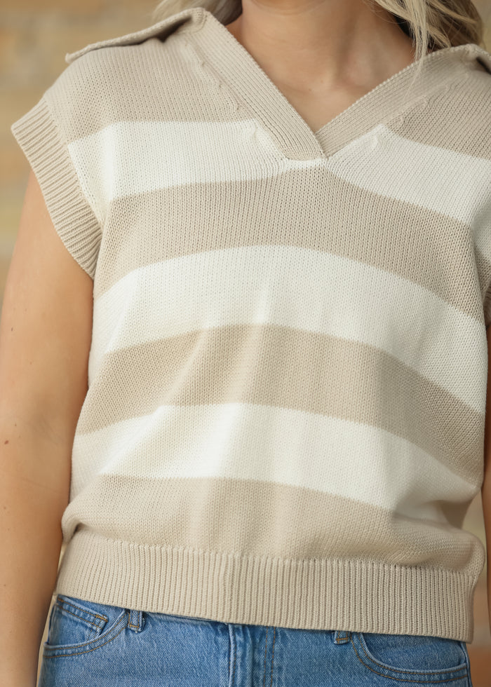 Collared Wide Stripe Knit Vest FF Tops