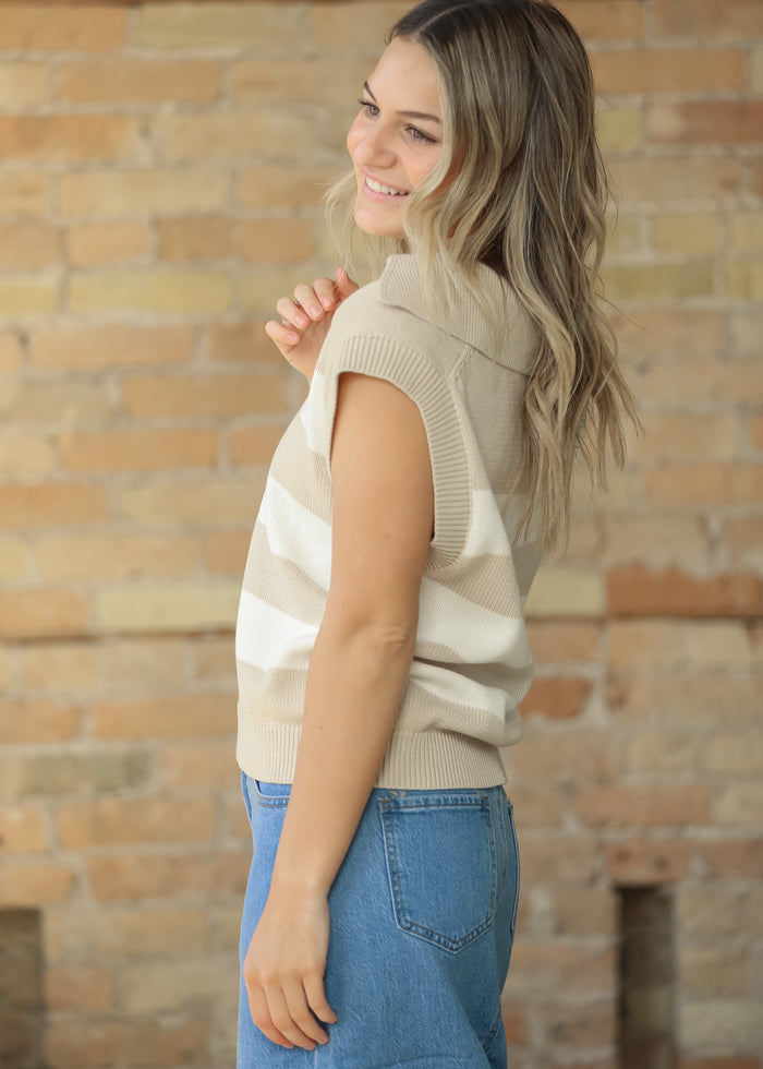 Collared Wide Stripe Knit Vest FF Tops