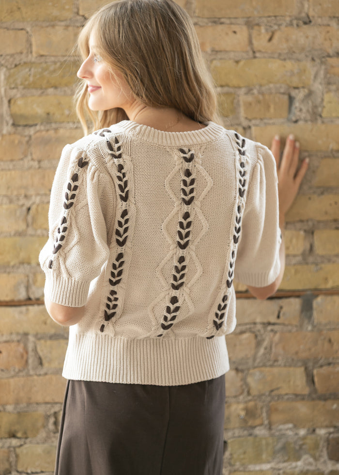 Contrast Stitch Quarter Sleeve Knit Top FF Tops