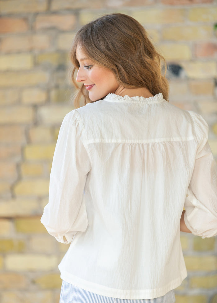 Cotton 3/4 Sleeve Ruffle Collar Top FF Tops