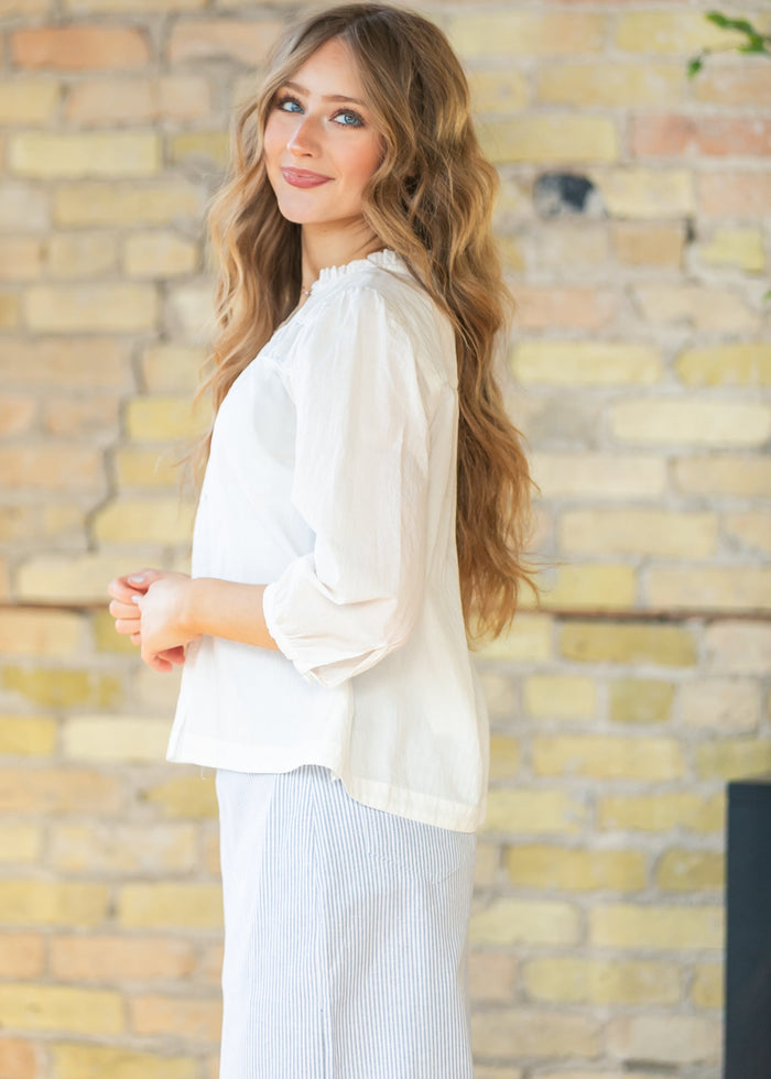 Cotton 3/4 Sleeve Ruffle Collar Top FF Tops