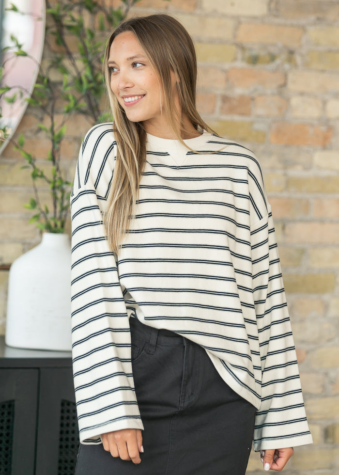 Cotton Striped Crew Neck Long Sleeve Top FF Tops
