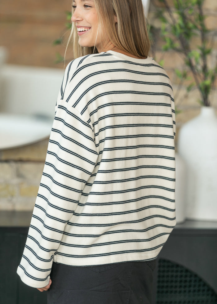 Cotton Striped Crew Neck Long Sleeve Top FF Tops
