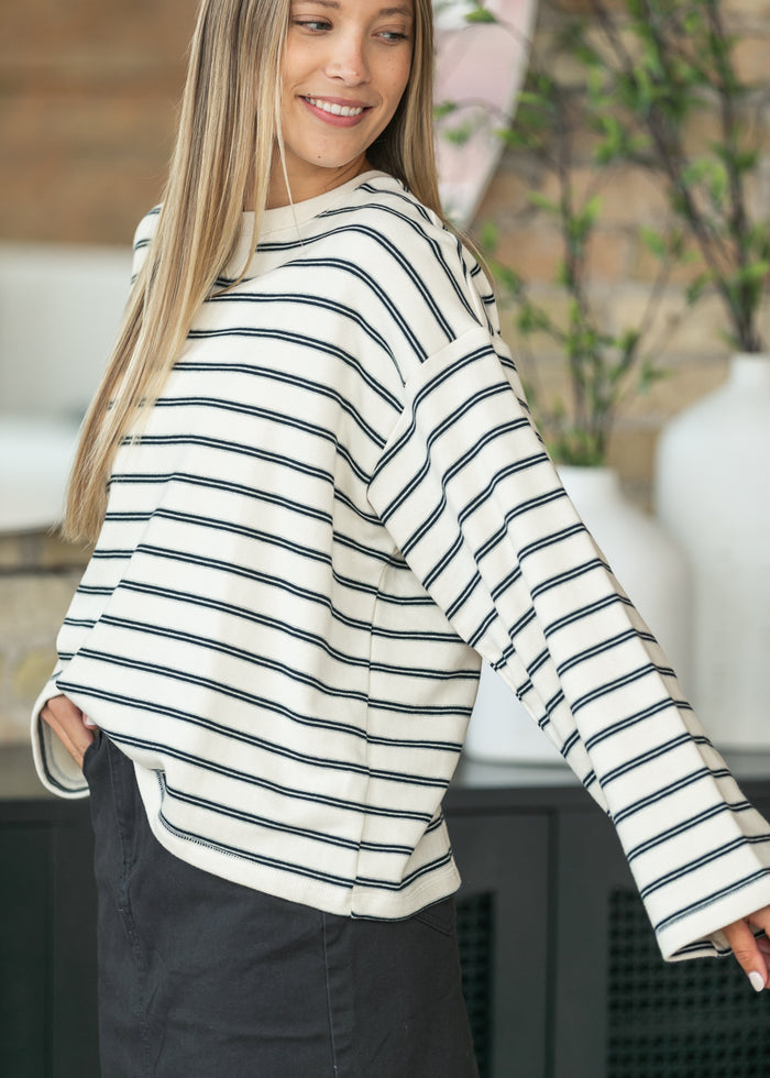 Cotton Striped Crew Neck Long Sleeve Top FF Tops