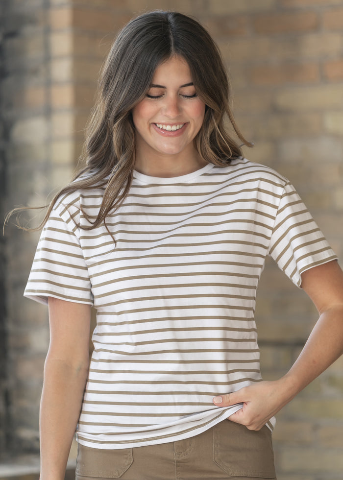 Crew Taupe Striped Relaxed Basic T Shirt IC Tops