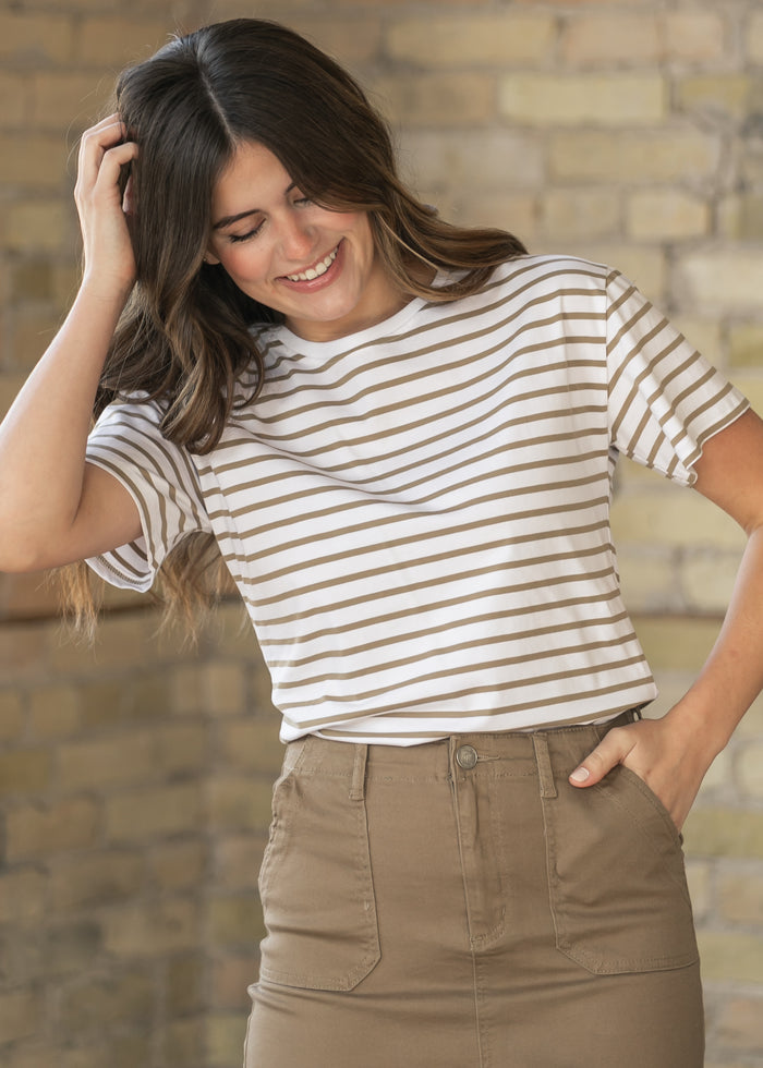 Crew Taupe Striped Relaxed Basic T Shirt IC Tops