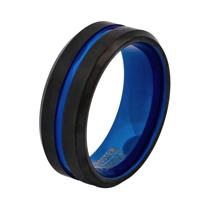 Cudworth Brushed Black and Blue Ion Plated Tungsten Ring - Titanium Blue Core