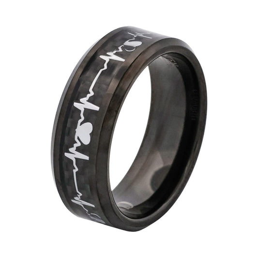 Cudworth Polished Black Ion Plated Tungsten Ring with Carbon Fibre Stripe - Pulse Line