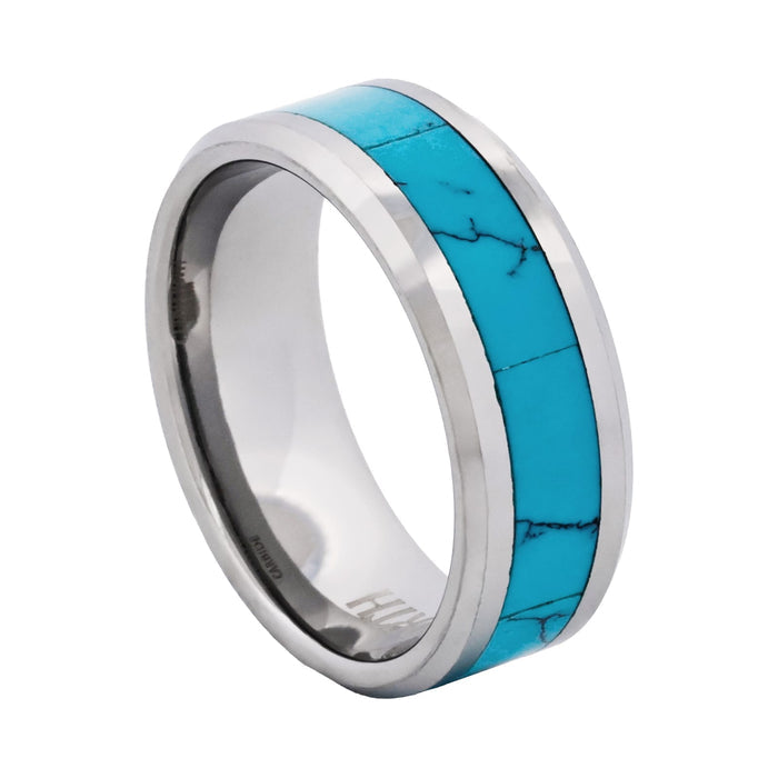 Cudworth Polished Rhodium Tungsten Ring - Turquoise Ridge