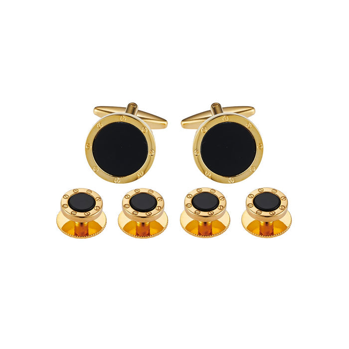 Cufflinks & Dress Studs: Round Screw Design, Gold Plated + Onyx Inlay (240-21 + 405-57, set 6)