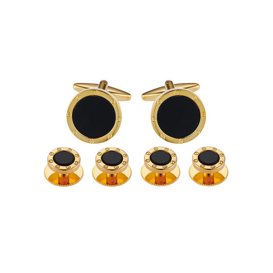 Cufflinks & Dress Studs: Round Screw Design, Gold Plated + Onyx Inlay (240-21 + 405-57, set 6)