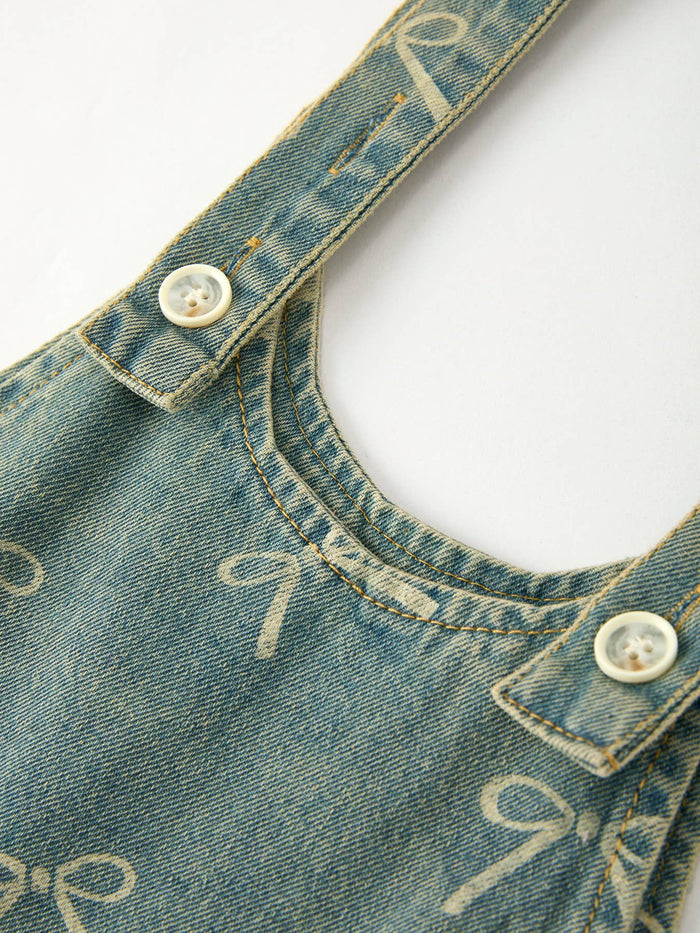 Cute Bow Pattern Denim Baby Girls Jumpsuit
