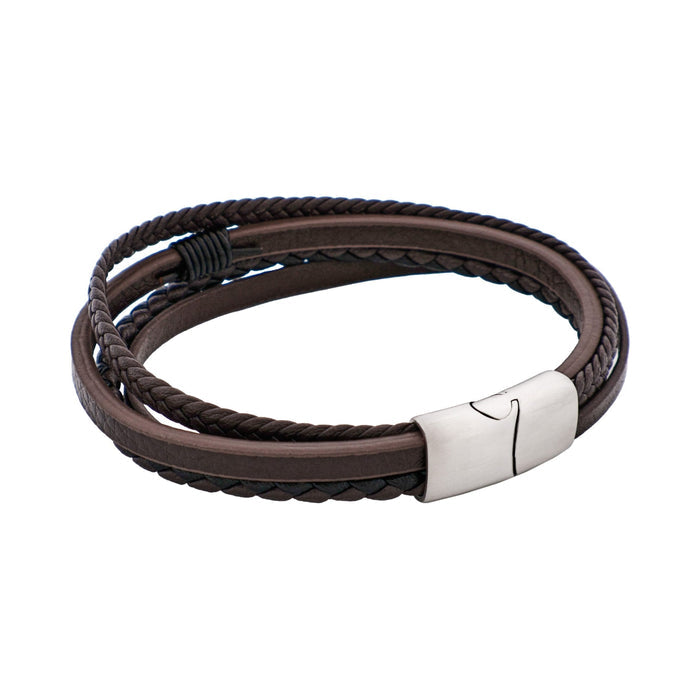 Dark Brown Multi Strand Leather & Stainless Steel Bracelet