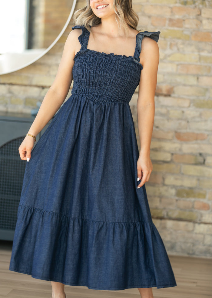Dark Denim Ruffle Strap Maxi Dress FF Dresses