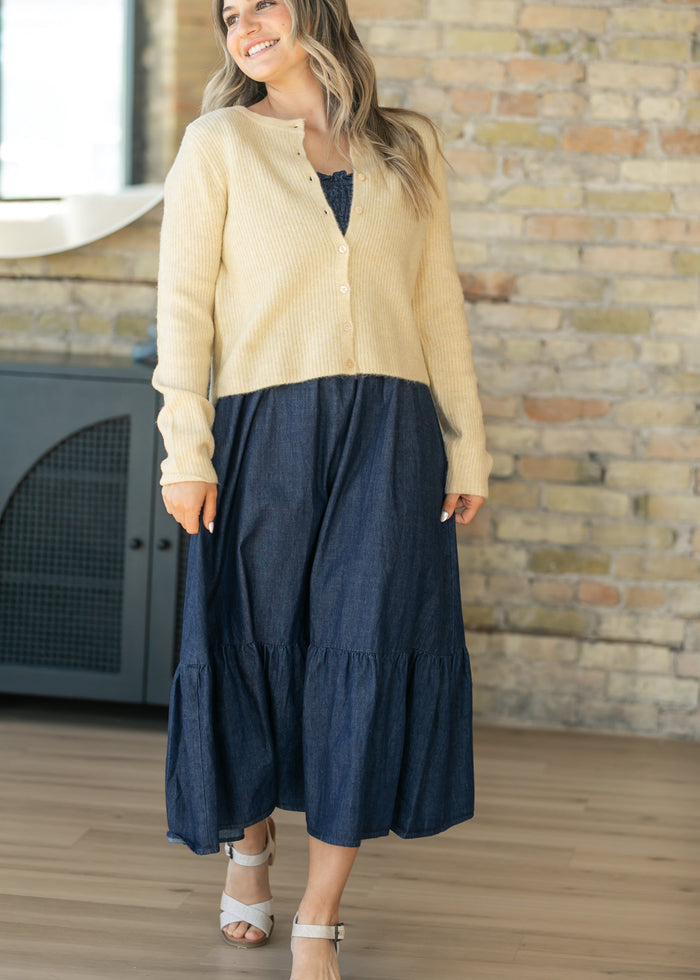 Dark Denim Ruffle Strap Maxi Dress FF Dresses