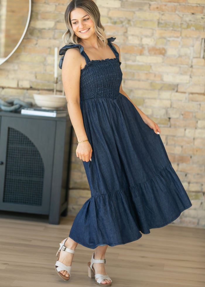 Dark Denim Ruffle Strap Maxi Dress FF Dresses