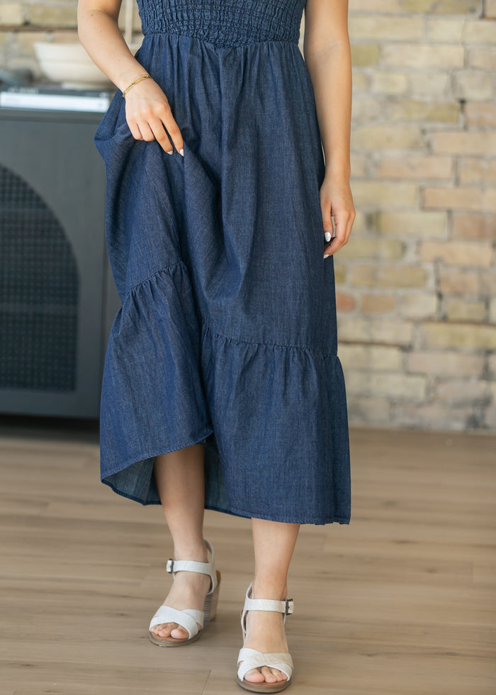 Dark Denim Ruffle Strap Maxi Dress FF Dresses