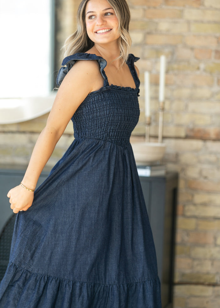 Dark Denim Ruffle Strap Maxi Dress FF Dresses