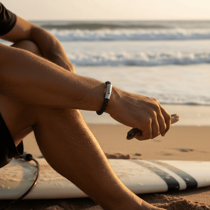 Dark Navy Italian Leather & Stainless Steel Bracelet