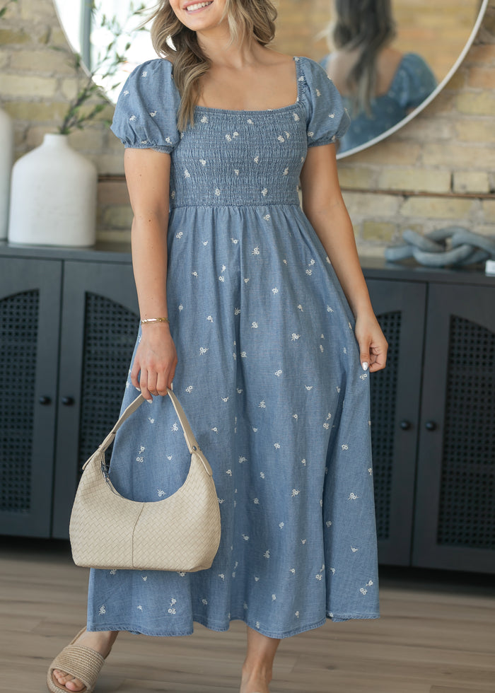 Denim Embroidered Smocked Maxi Dress FF Dresses