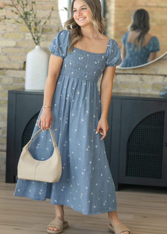 Denim Embroidered Smocked Maxi Dress FF Dresses