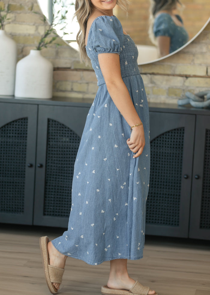 Denim Embroidered Smocked Maxi Dress FF Dresses