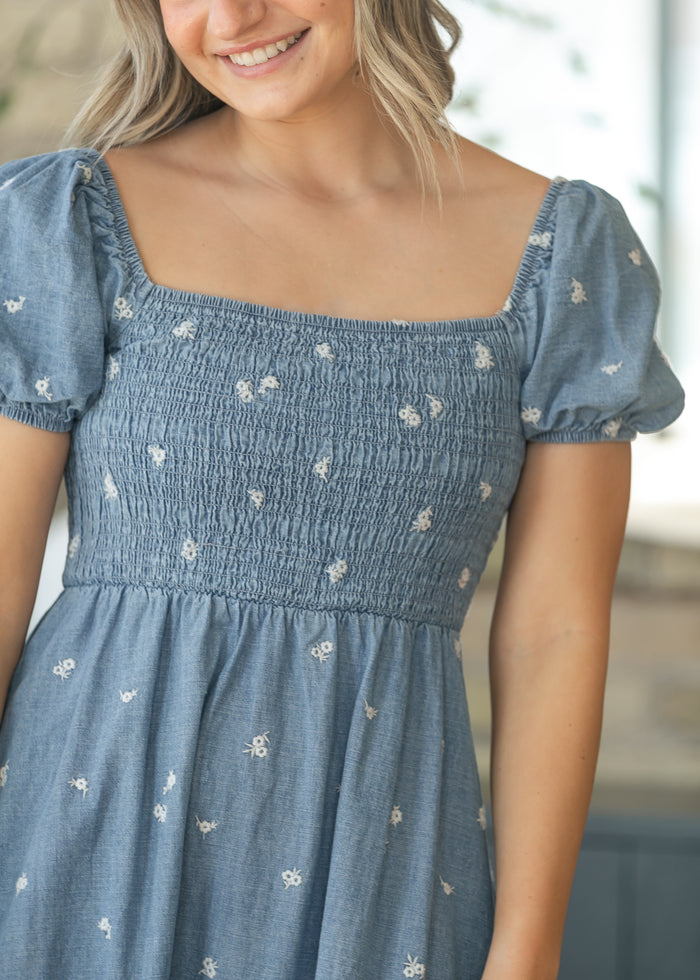 Denim Embroidered Smocked Maxi Dress FF Dresses