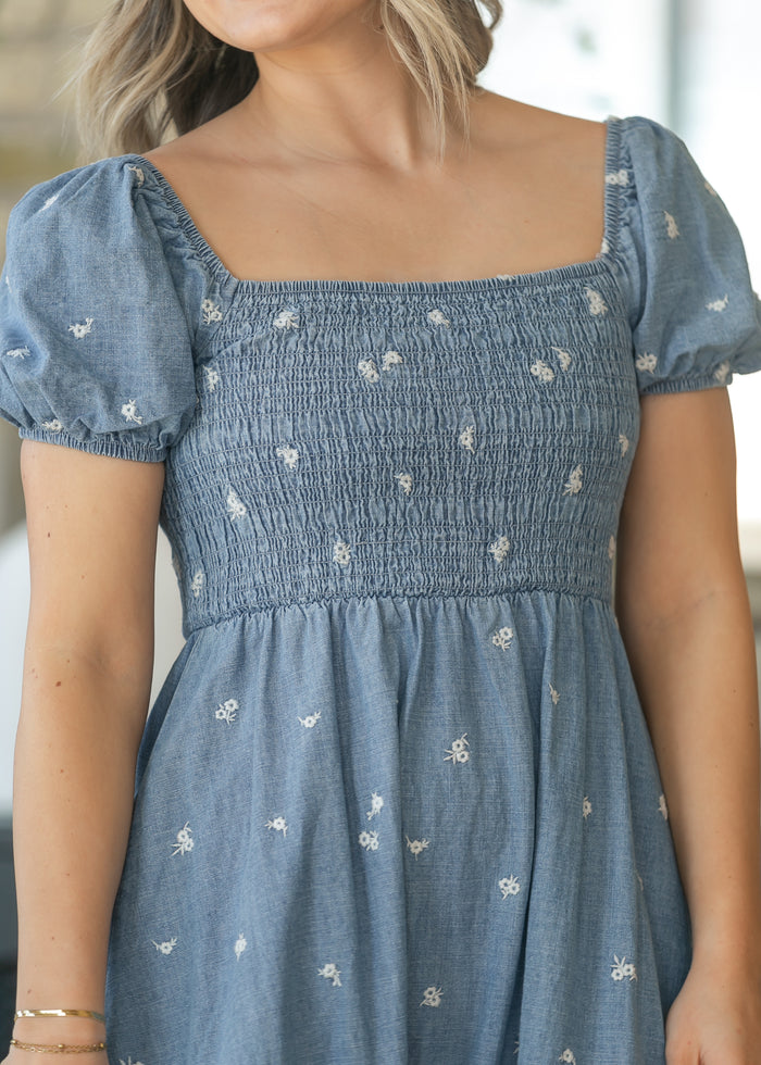 Denim Embroidered Smocked Maxi Dress FF Dresses