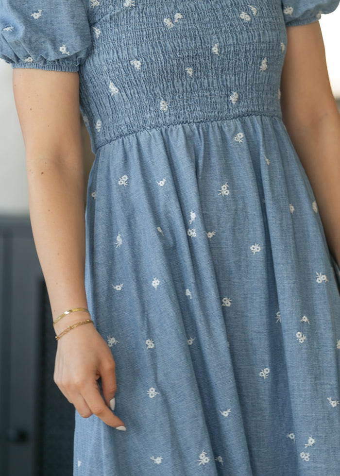 Denim Embroidered Smocked Maxi Dress FF Dresses