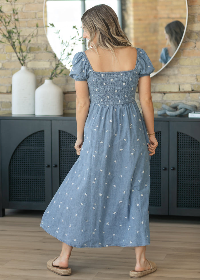 Denim Embroidered Smocked Maxi Dress FF Dresses
