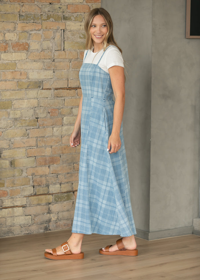 Denim Plaid Sleeveless Maxi Dress FF Dresses