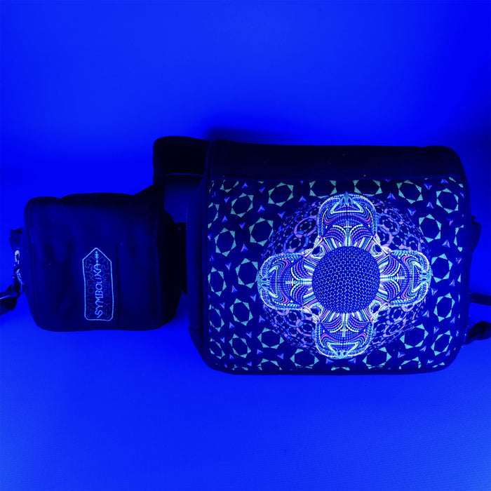 UV reactive belt bag glowing under blacklight - DMT visionary art