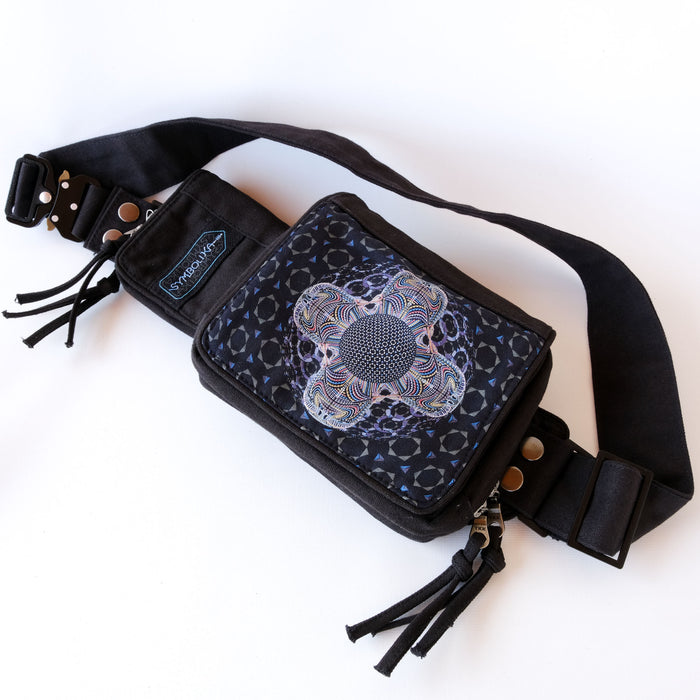 DMT HD Mandala Belt Bag — DMT Visionary Art Psychedelic Art Print on Black T-Shirt by Symbolika