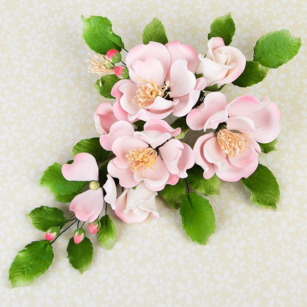 Dog Rose Combo Sprays in Pink are gumpaste sugarflower cake decorations perfect as cake toppers for cake decorating fondant cakes and wedding cakes. Caljava wholesale cake supply.