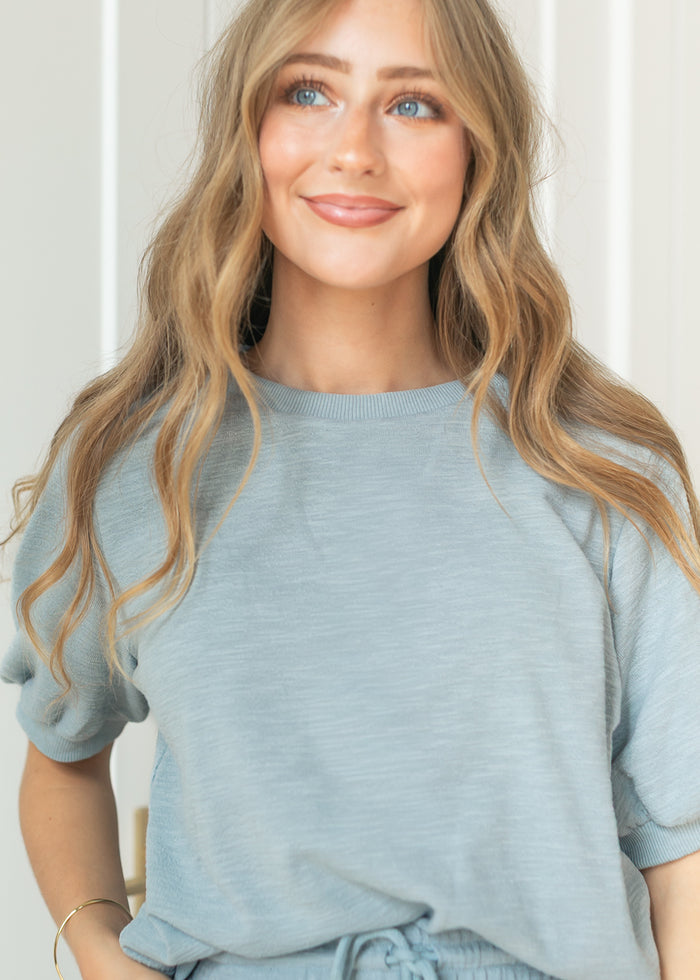 Dusty Blue Short Sleeve Knit Sweater FF Tops