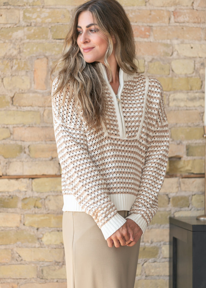 elan Quarter Zip Natural Stripe Sweater FF Tops