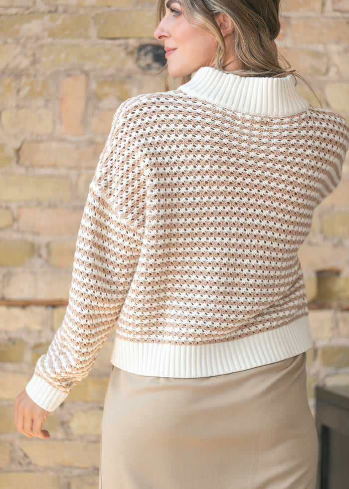 elan Quarter Zip Natural Stripe Sweater FF Tops