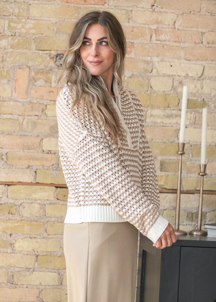 elan Quarter Zip Natural Stripe Sweater FF Tops